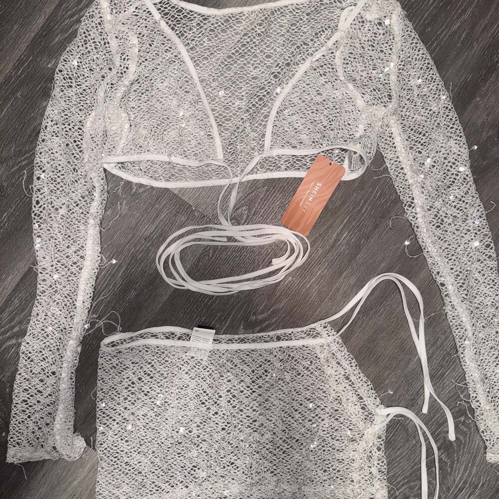 Glitter Rhinestone Fishnet Long Sleeve Crop Top